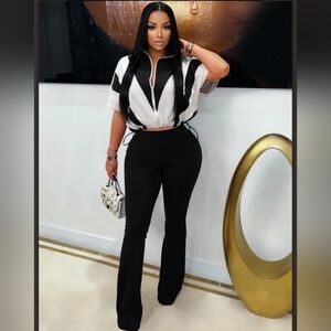 2 Piece Black And White Flared Women's Pants Set